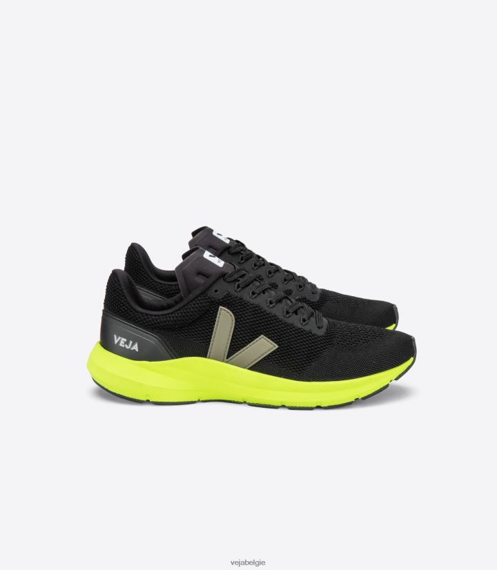 Veja zijn Heren marlin lt v-gebreid zwart kaki jaune fluo schoenen 2882X205